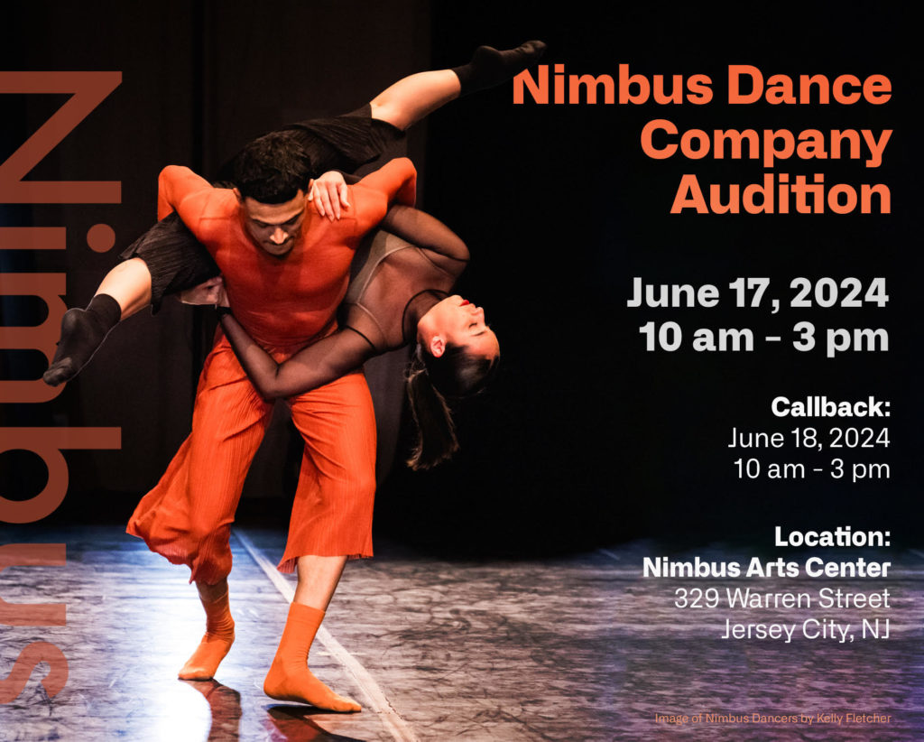 Nimbus Dance Company Audition: A masc dancer in orange carries a femme dancer in black upside down on his back. Image includes orange and white text against a black background.